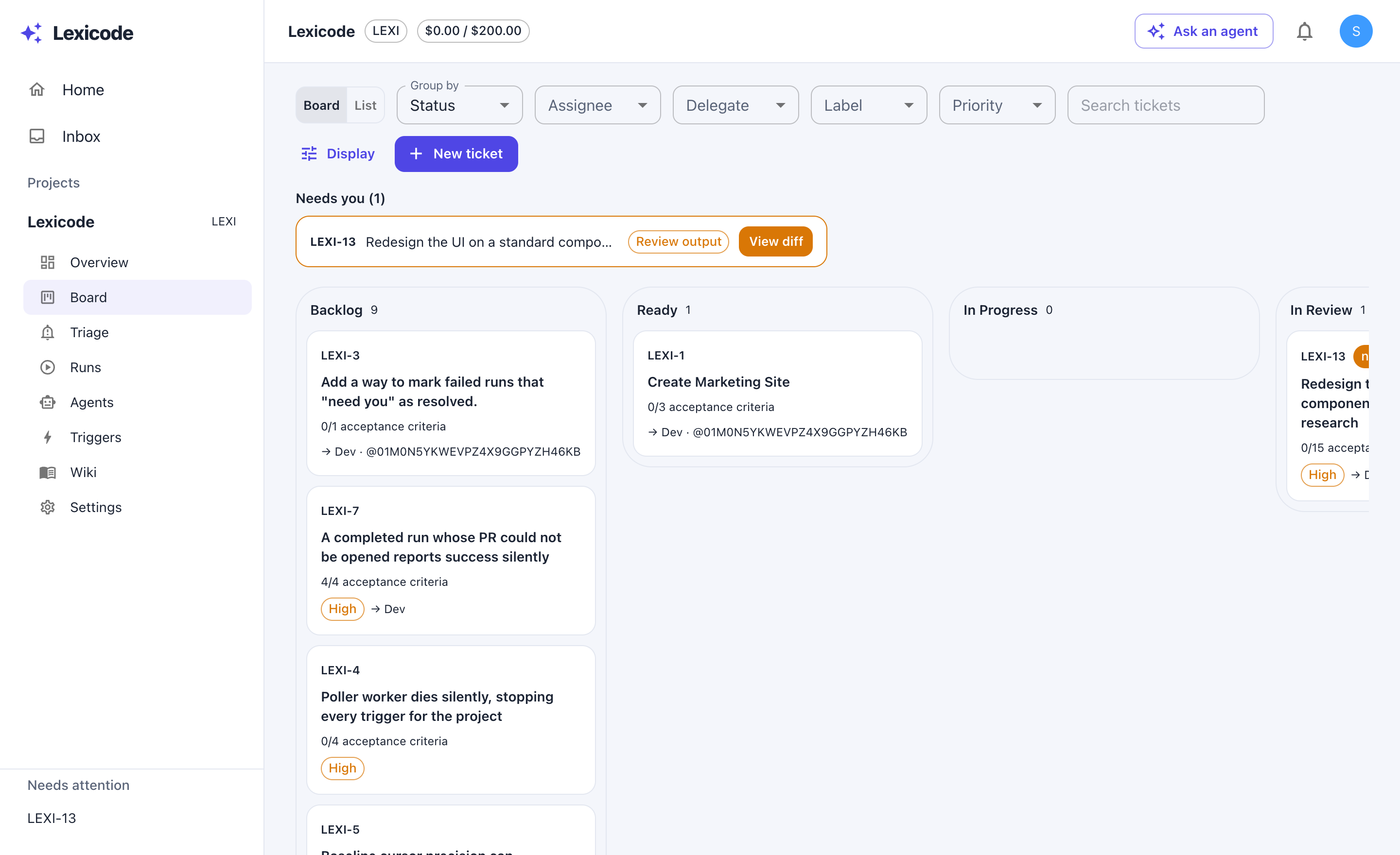 The Lexicode board: kanban columns of tickets, a Needs you lane, and a New ticket button